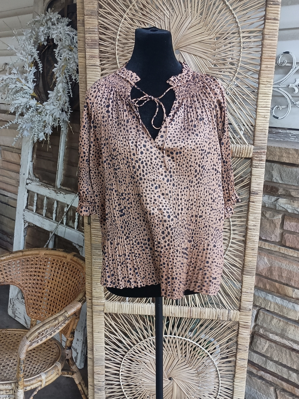 Current Air Anthropologie Pleated Blouse with Black Dot Leopard Type Pattern_S